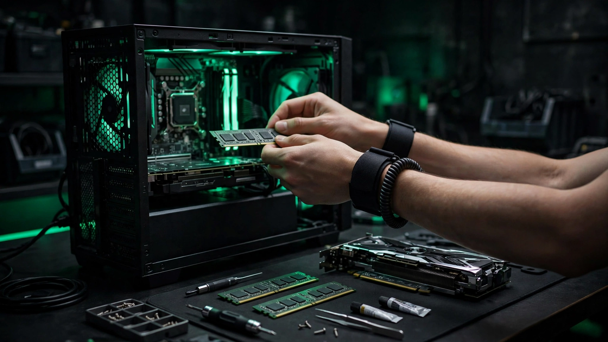 A custom PC being built and upgraded at the Grind Tech bench