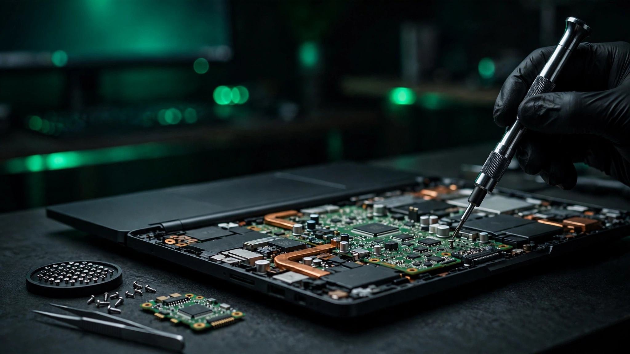 A laptop being repaired at the Grind Tech bench